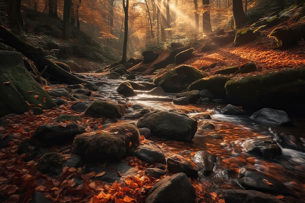 Un arroyo en el bosque con el sol brillando a través de las hojas.