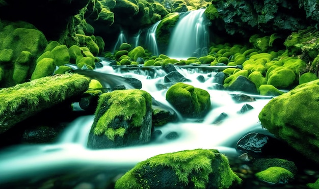 Arroyo en cascada sobre rocas cubiertas de musgo verde en un paisaje escénico