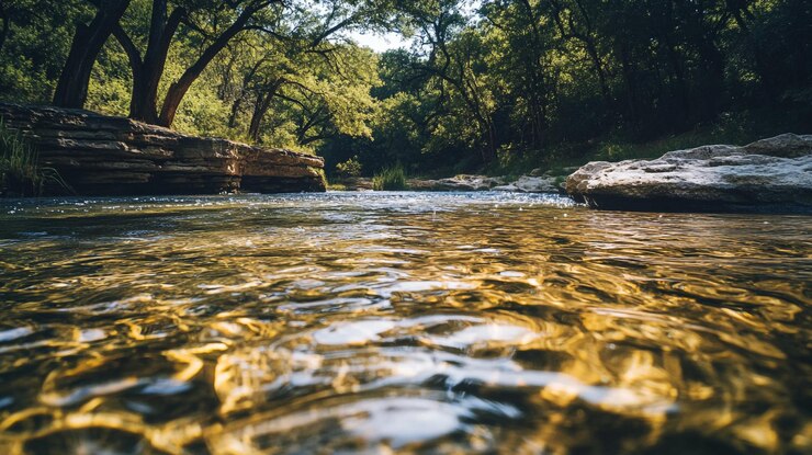 Un arroyo claro y tranquilo refleja la luz del sol en un bosque verde y exuberante.