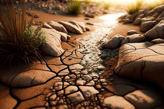 Foto un arroyo en el desierto del que crecen rocas y hierba.