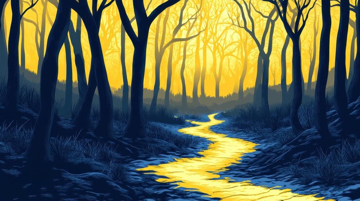 El arroyo dorado serpenteando a través de un bosque azul oscuro