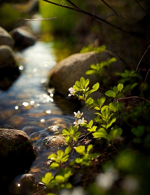 Un arroyo con hojas verdes y una pequeña flor blanca.