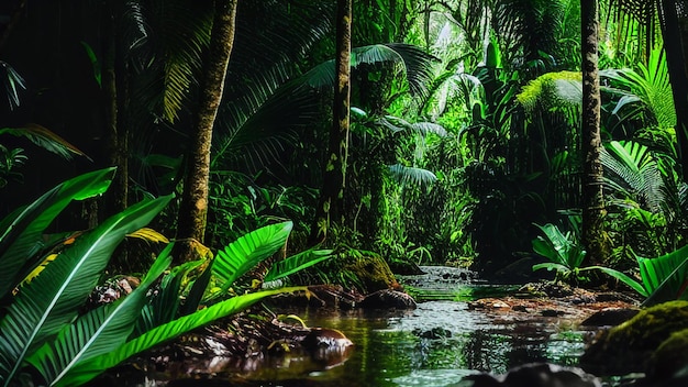 Un arroyo en la jungla con un fondo selvático