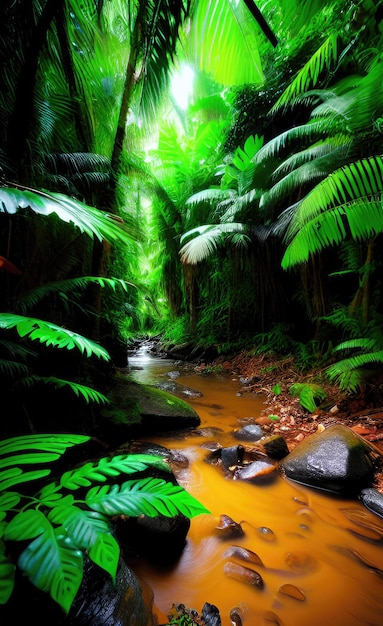 Foto un arroyo en la jungla con un fondo verde de jungla