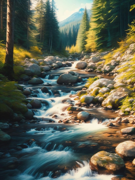 Arroyo de montaña en el fondo del bosque