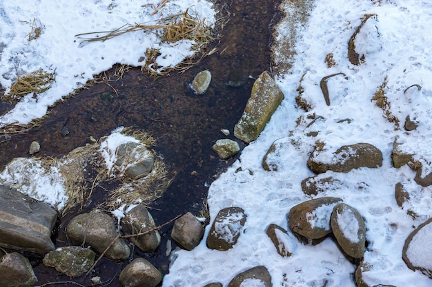 Arroyo de primavera o parche descongelado entre piedras y nieve