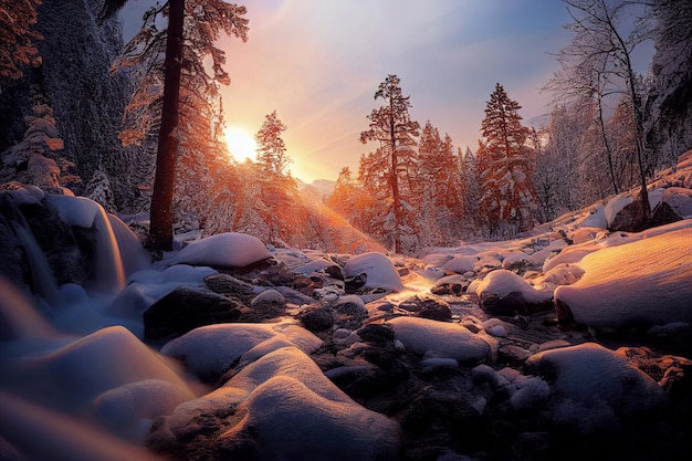 Arroyo que atraviesa un bosque cubierto de nieve ai generativo