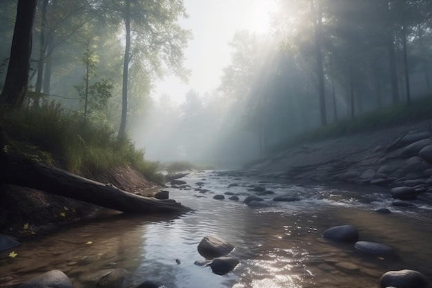 Arroyo que atraviesa un bosque verde en la niebla matutina