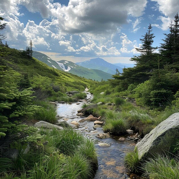 Foto un arroyo que corre a través de un valle de montaña con una montaña en el fondo