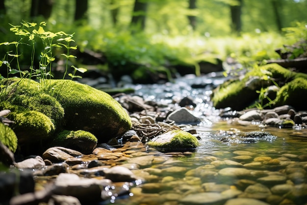 Un arroyo que fluye a través de un bosque y en sus orillas mucha vegetación