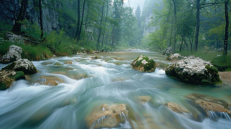 El arroyo que fluye a través de un denso bosque simboliza la conservación del medio ambiente y la pureza