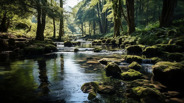 un arroyo con rocas cubiertas de musgo en primer plano y un bosque al fondo.