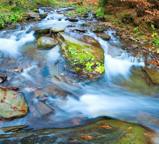 Arroyo rocoso, que atraviesa el bosque de montaña de otoño. Imagen de puntada de dos disparos.