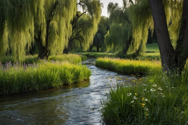 Un arroyo tranquilo que fluye a través de la vegetación exuberante