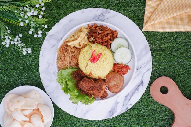 Arroz amarillo al estilo indonesio con pollo picado en un plato blanco sobre fondo de hierba verde