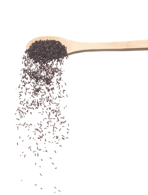El arroz de arándano se vierte en la cuchara de madera la ola de granos de baya púrpura negra flotando cae en el aire