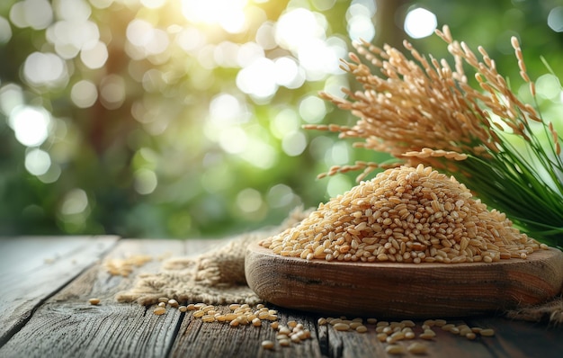 Arroz arroz dorado en una mesa de madera con el sol de la mañana