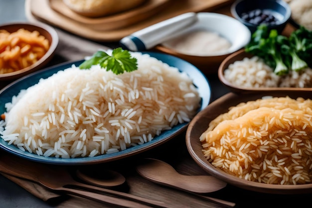 Arroz y arroz en una mesa con cucharas y cucharas