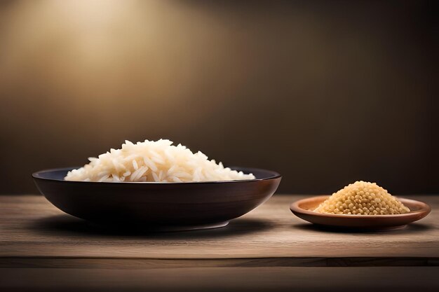 arroz y arroz sobre una mesa de madera con fondo marrón.