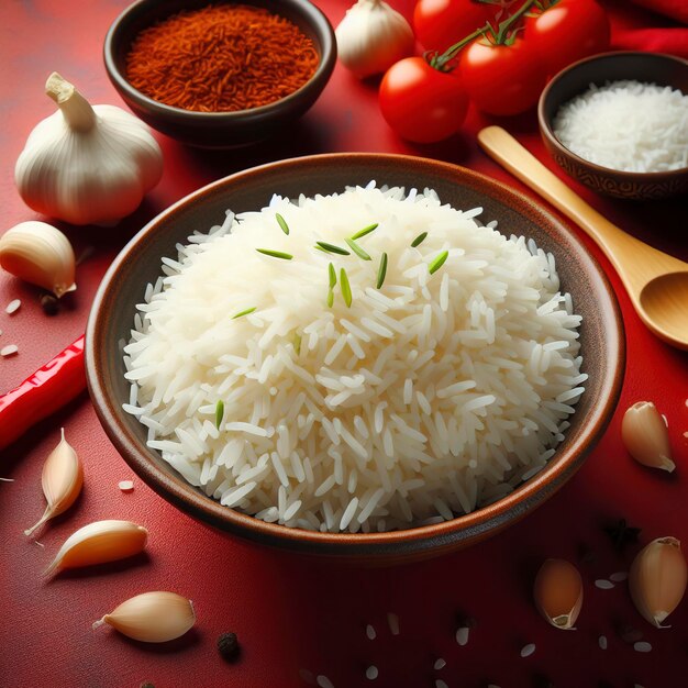 Arroz basmati branco cozido em um prato vermelho em fundo vermelho