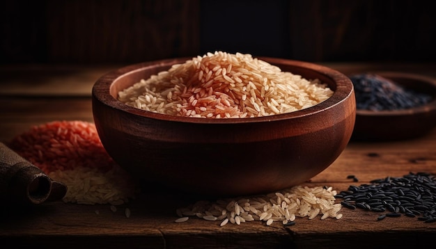 Arroz basmati orgânico em tigela de madeira, um alimento básico saudável gerado por ia