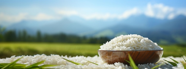 Arroz blanco sin cocinar asiático en el fondo de un campo