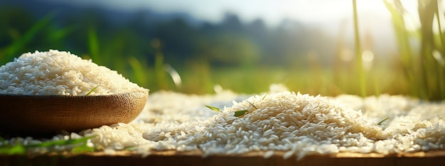 Foto arroz blanco sin cocinar asiático en el fondo de un campo