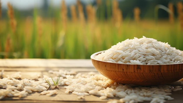 Arroz blanco sobre un fondo de madera