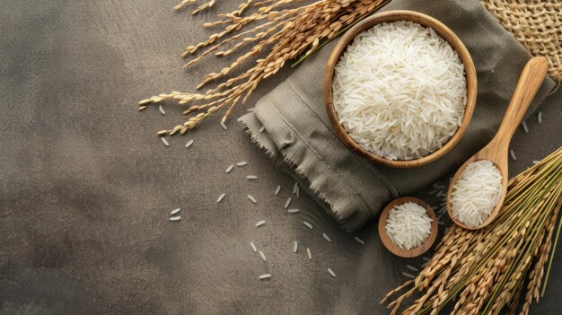 Foto arroz blanco tailandés arroz de jazmín en cuenco de cerámica y cuchara de madera con oreja de arroz en la canasta de trilla vista superior con espacio de copia