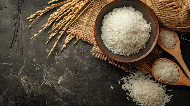 Foto arroz blanco tailandés arroz de jazmín en cuenco de cerámica y cuchara de madera con oreja de arroz en la canasta de trilla