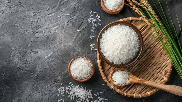 Foto arroz blanco tailandés arroz de jazmín en cuenco de cerámica y cuchara de madera con oreja de arroz en la canasta de trilla