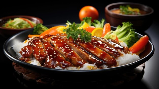 arroz blanco con ternera teriyaki y verduras cortadas en un plato de fondo negro y borroso