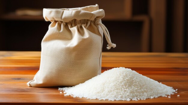 Arroz en bolsa en una mesa de madera