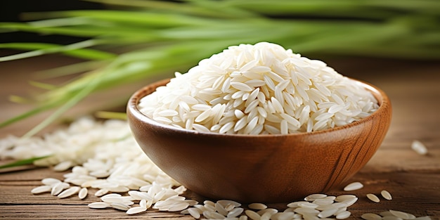 Arroz branco e arroz integral em uma tigela sobre um fundo de folhas verdes