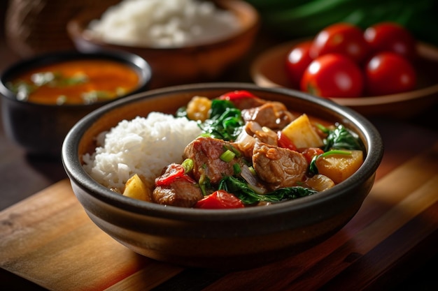 Arroz branco e carne de porco sinigang comida filipina azeda e saborosa