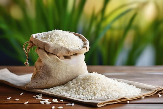 Arroz branco em saco com fundo de plantas de arroz com espaço vazio de IA generativa