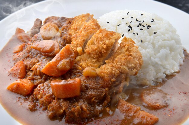 Arroz con carne de cerdo frita y curry.
