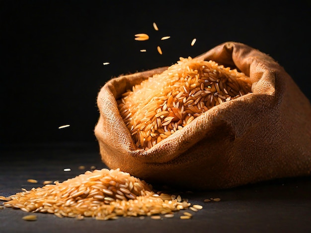 arroz castanho rebentando de saco em um fundo escuro