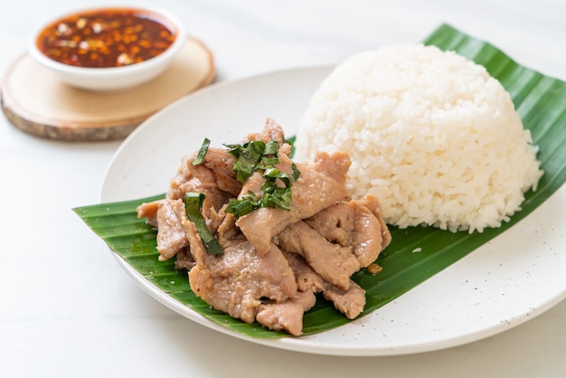 arroz con cerdo a la plancha al ajillo