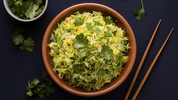 Arroz de cilantro o coriandro servido en un cuenco de cerámica o terracota