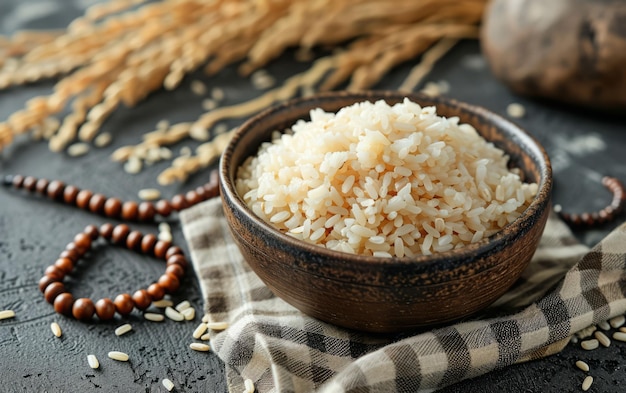 Foto arroz colhido em uma tigela