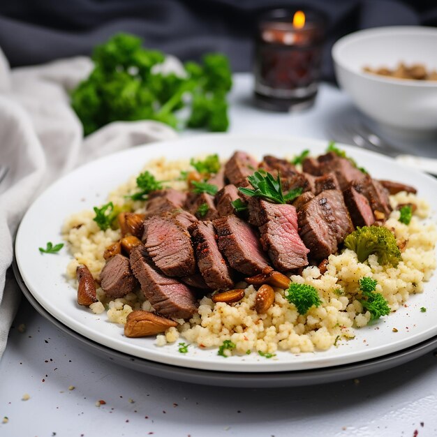 Arroz de coliflor con carne en un plato