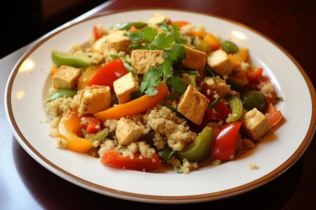 Arroz de coliflor revuelto con tofu y verduras mixtas