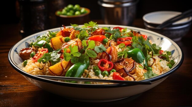 Arroz com carne e vegetais em um fundo preto cozinha asiática