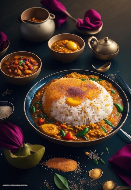 Arroz com curry ou masala servido em uma tigela