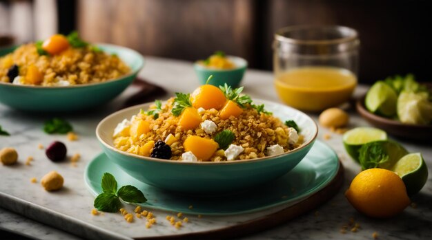 Arroz com especiarias e frutas secas Bol de vegano com arroz picante Ragout de abóbora com aipo