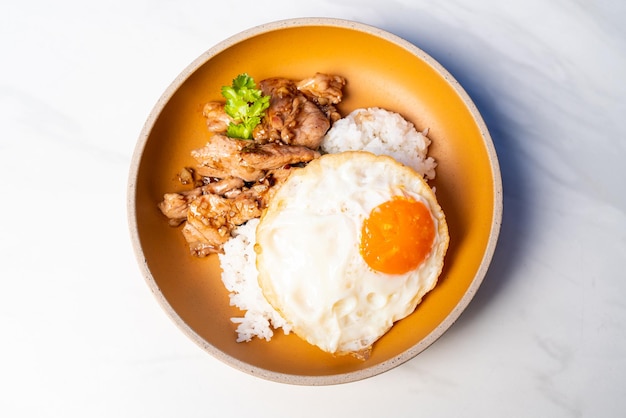 Arroz com frango ao alho e ovo frito