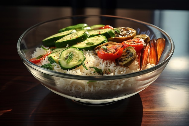 Arroz com legumes grelhados em uma tigela de vidro