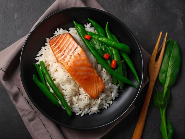 Arroz com peixe vermelho feijão verde e espinafre em um prato preto Dieta Visão superior Espaço livre para texto