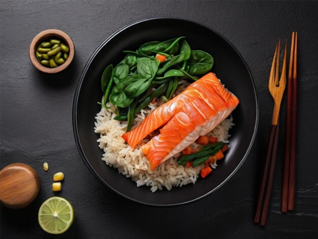 Arroz com peixe vermelho feijão verde e espinafre em um prato preto Dieta Visão superior Espaço livre para texto